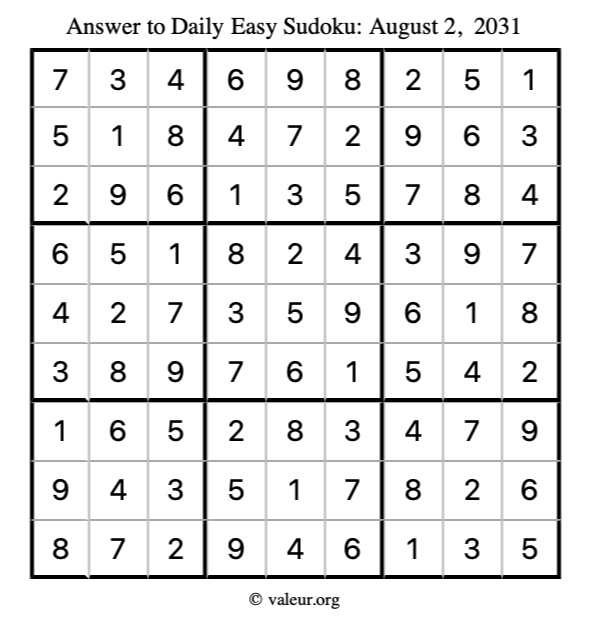 Answer to easy sudoku August 2, 2031