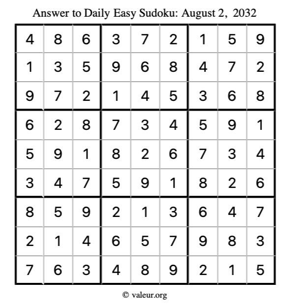 Answer to easy sudoku August 2, 2032