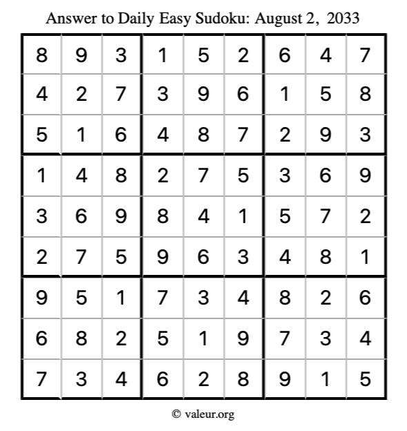 Answer to easy sudoku August 2, 2033