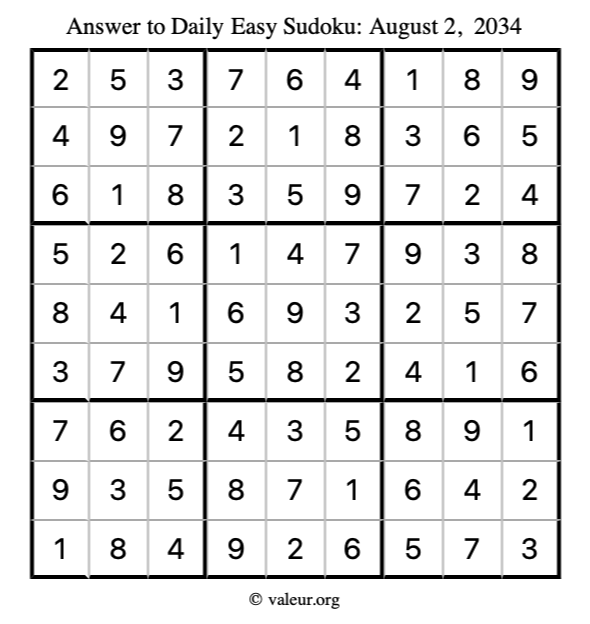 Answer to easy sudoku August 2, 2034