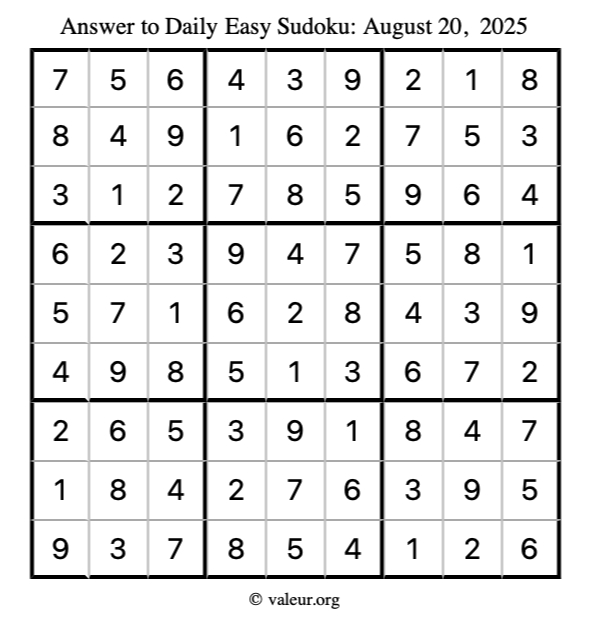 Answer to easy sudoku August 20, 2025
