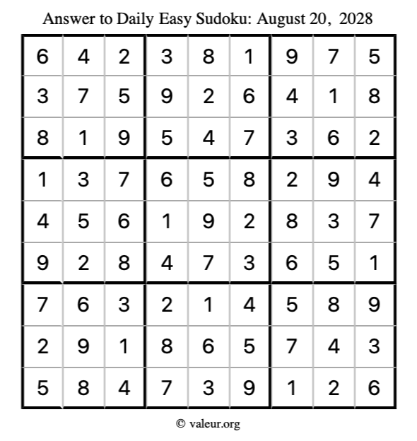Answer to easy sudoku August 20, 2028
