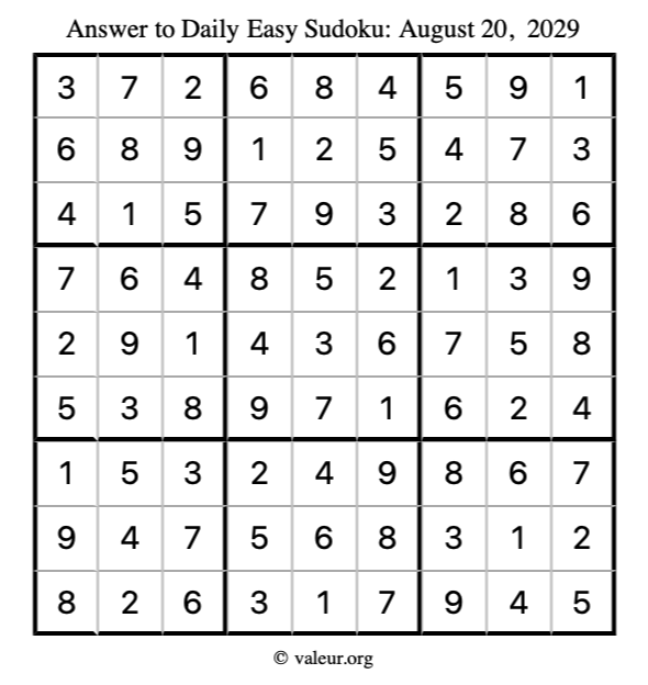 Answer to easy sudoku August 20, 2029