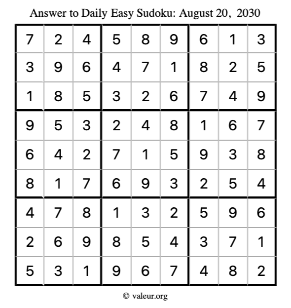 Answer to easy sudoku August 20, 2030