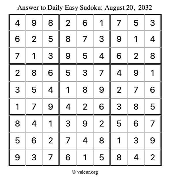 Answer to easy sudoku August 20, 2032