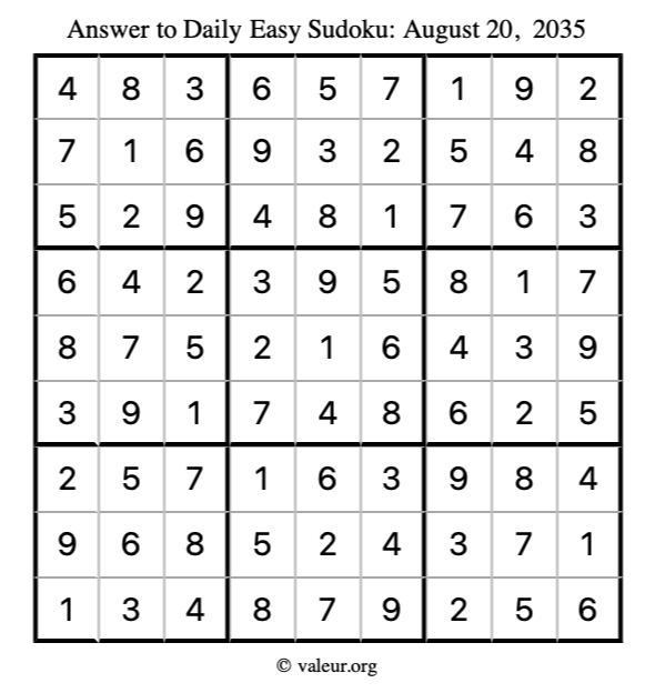 Answer to easy sudoku August 20, 2035