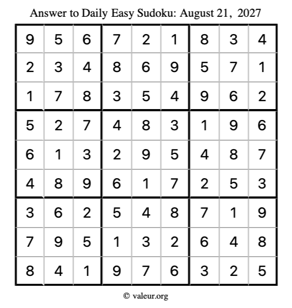 Answer to easy sudoku August 21, 2027