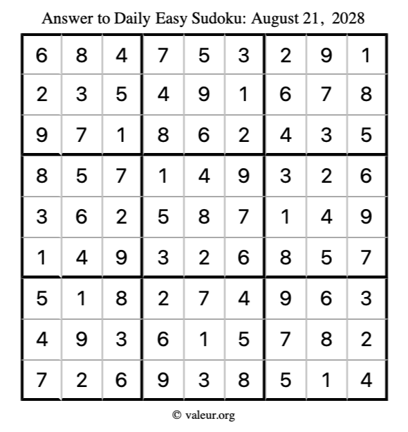 Answer to easy sudoku August 21, 2028
