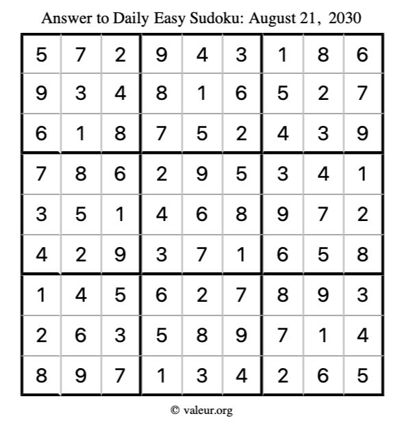 Answer to easy sudoku August 21, 2030