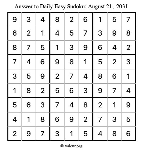 Answer to easy sudoku August 21, 2031