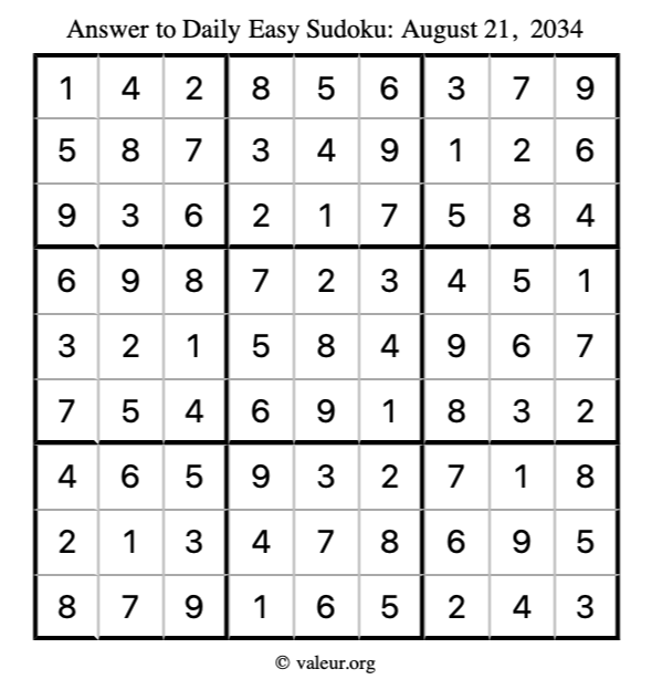 Answer to easy sudoku August 21, 2034