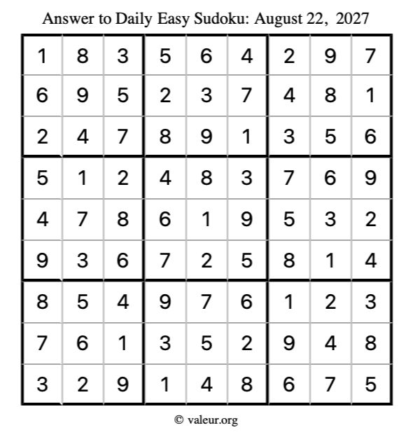 Answer to easy sudoku August 22, 2027
