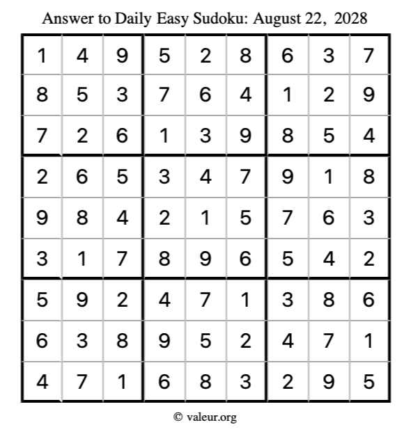 Answer to easy sudoku August 22, 2028
