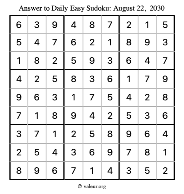 Answer to easy sudoku August 22, 2030