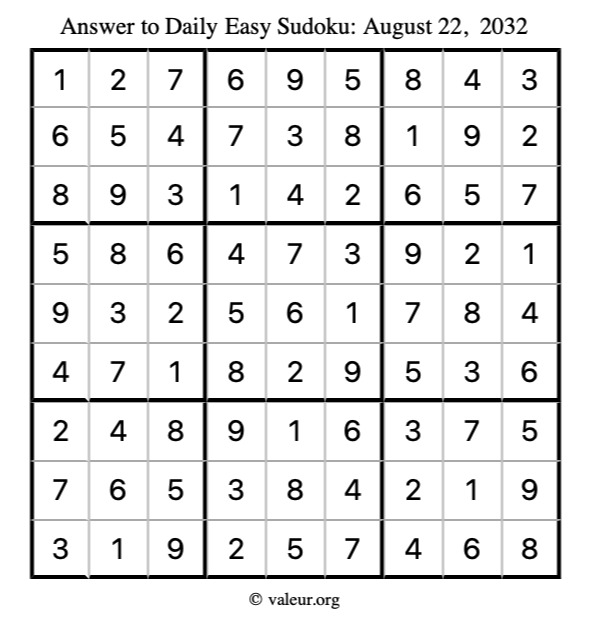 Answer to easy sudoku August 22, 2032