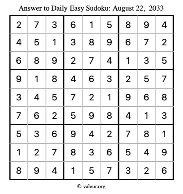 Answer to easy sudoku August 22, 2033