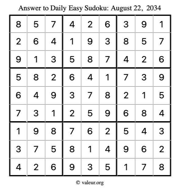 Answer to easy sudoku August 22, 2034