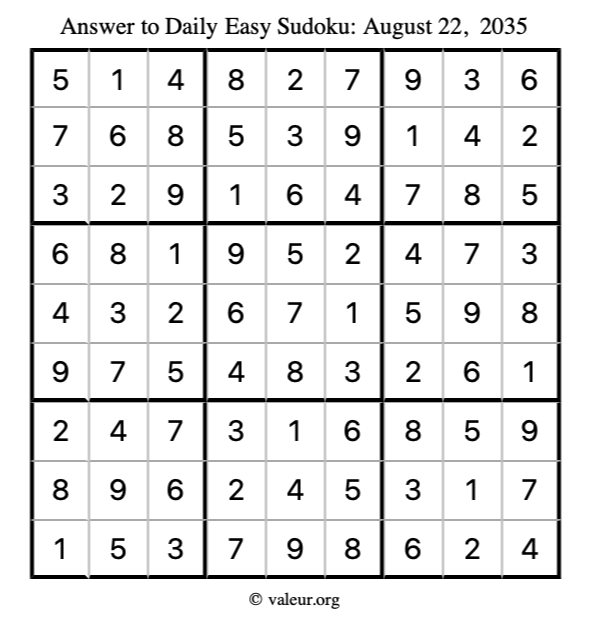 Answer to easy sudoku August 22, 2035