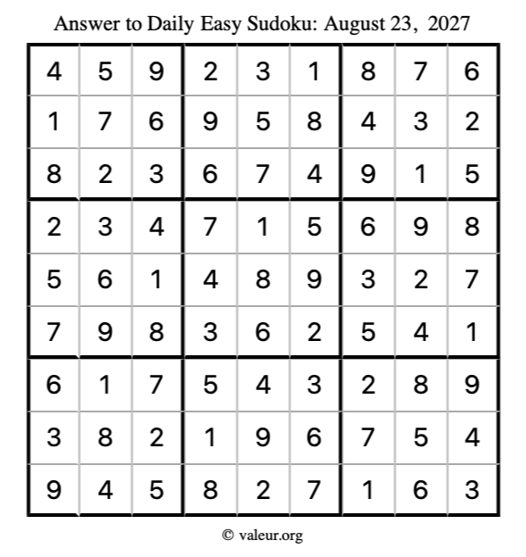 Answer to easy sudoku August 23, 2027
