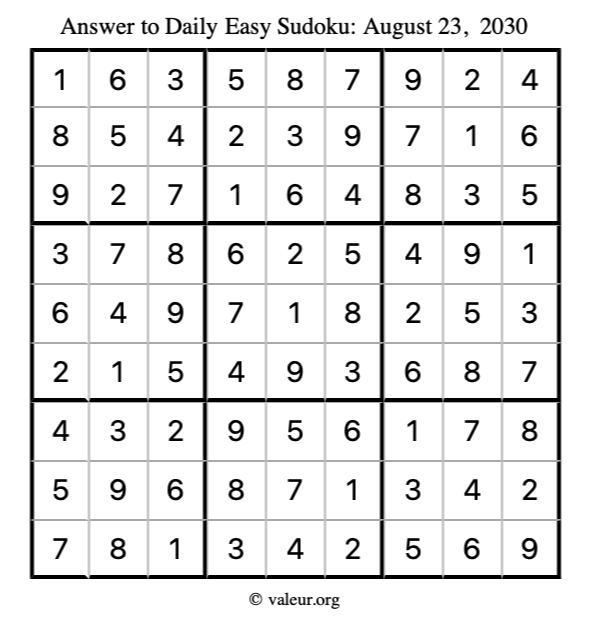 Answer to easy sudoku August 23, 2030