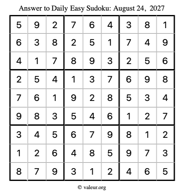 Answer to easy sudoku August 24, 2027
