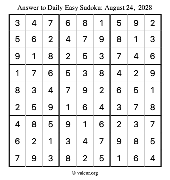 Answer to easy sudoku August 24, 2028