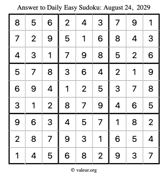 Answer to easy sudoku August 24, 2029