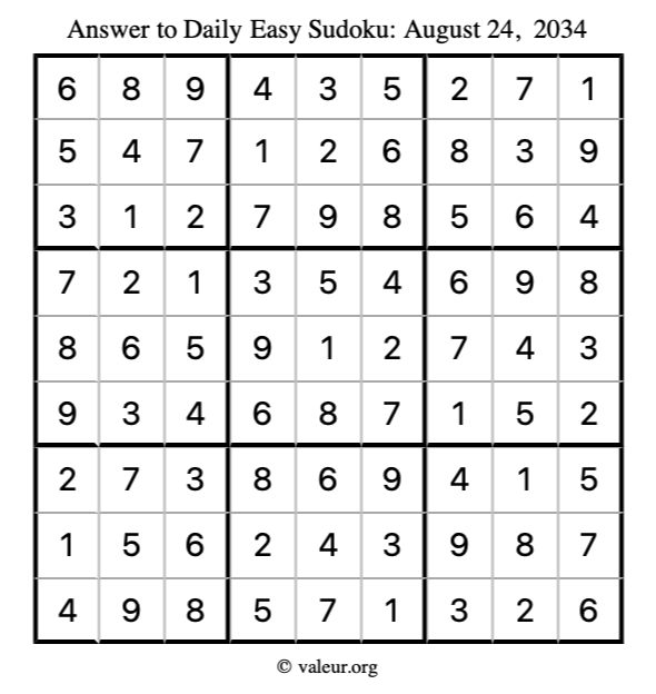 Answer to easy sudoku August 24, 2034