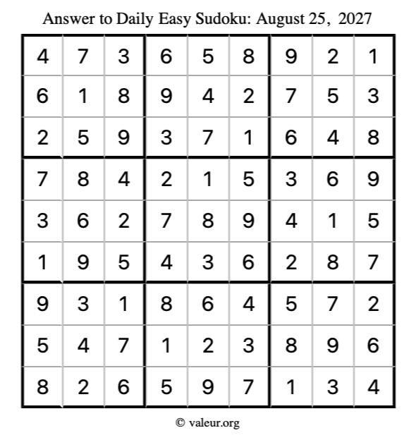 Answer to easy sudoku August 25, 2027