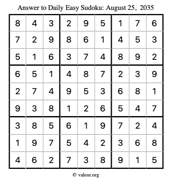 Answer to easy sudoku August 25, 2035