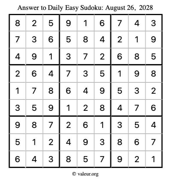 Answer to easy sudoku August 26, 2028