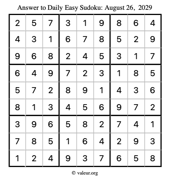 Answer to easy sudoku August 26, 2029