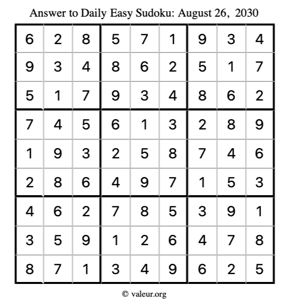 Answer to easy sudoku August 26, 2030