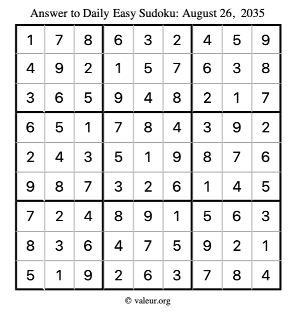 Answer to easy sudoku August 26, 2035