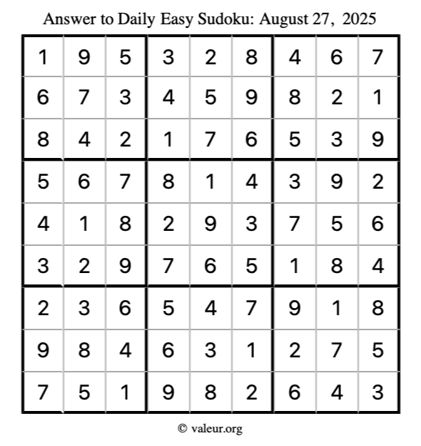 Answer to easy sudoku August 27, 2025