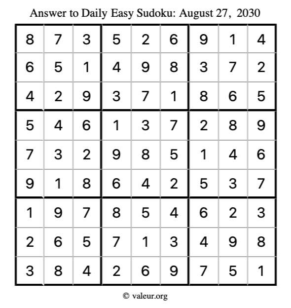 Answer to easy sudoku August 27, 2030