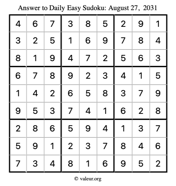 Answer to easy sudoku August 27, 2031