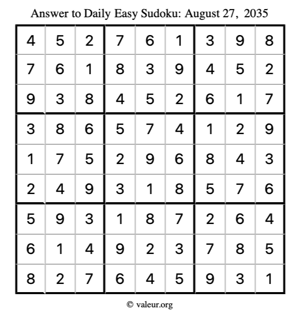 Answer to easy sudoku August 27, 2035