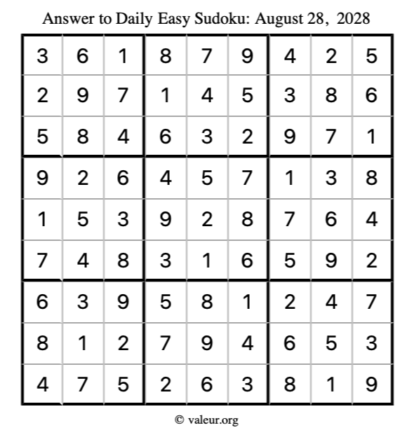 Answer to easy sudoku August 28, 2028