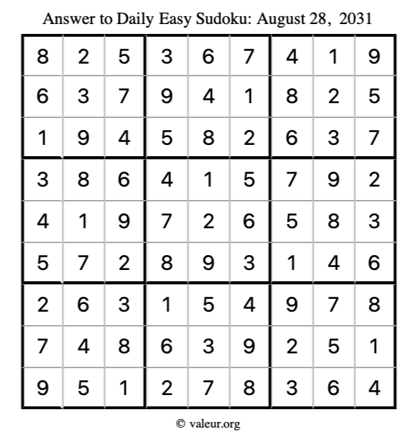 Answer to easy sudoku August 28, 2031