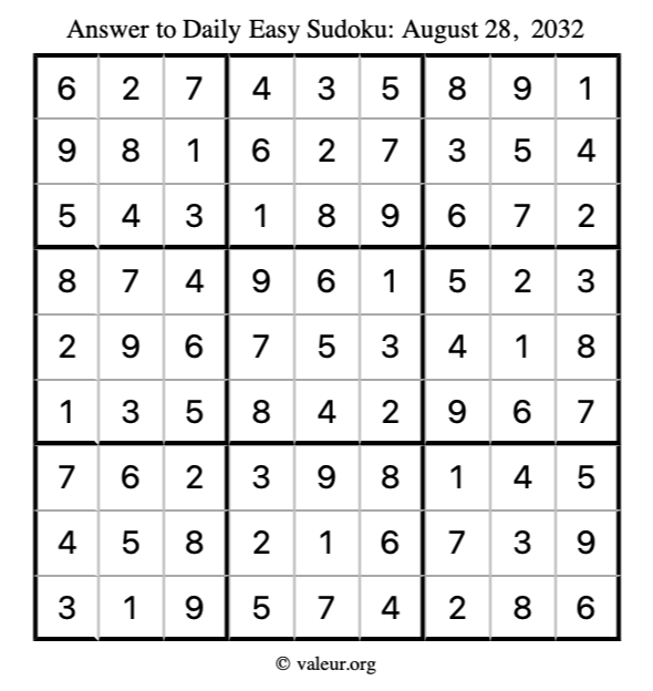 Answer to easy sudoku August 28, 2032