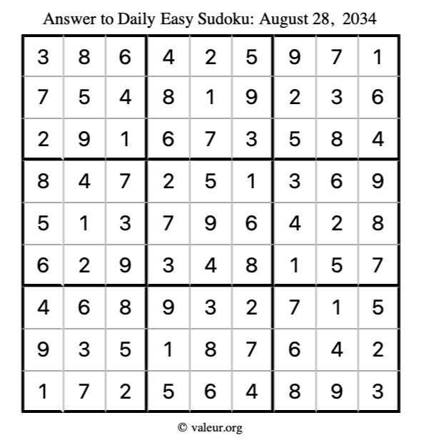 Answer to easy sudoku August 28, 2034