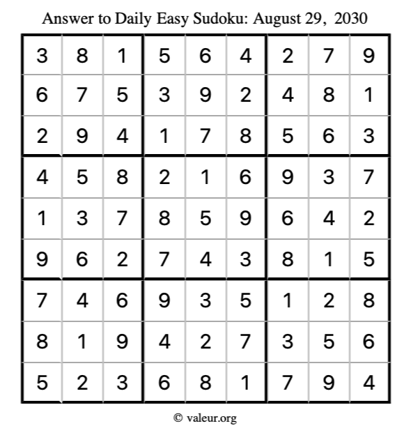 Answer to easy sudoku August 29, 2030