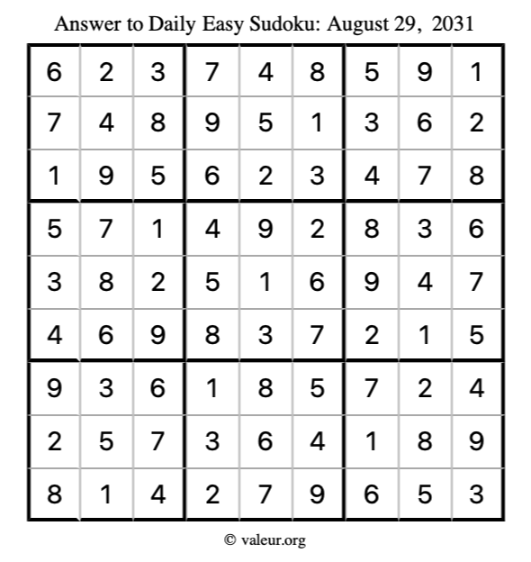 Answer to easy sudoku August 29, 2031