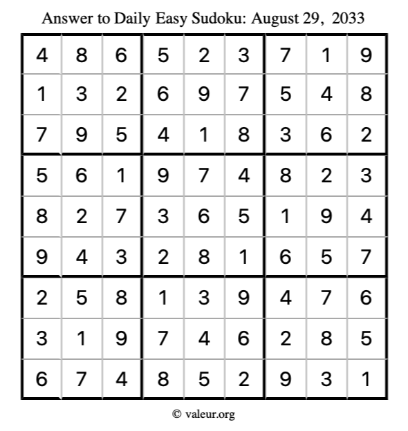 Answer to easy sudoku August 29, 2033