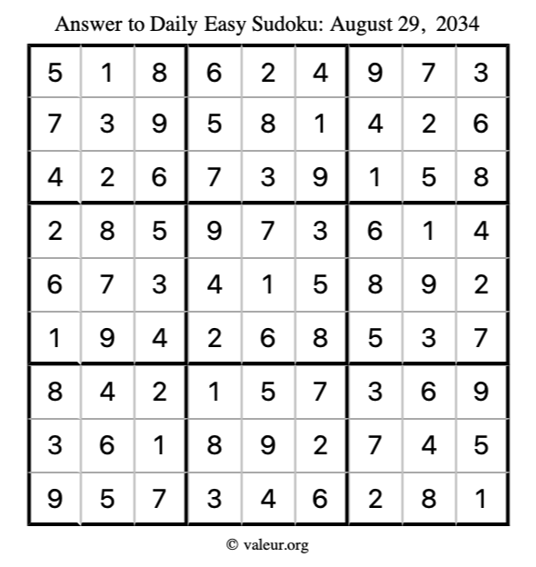 Answer to easy sudoku August 29, 2034