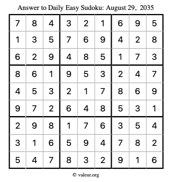 Answer to easy sudoku August 29, 2035