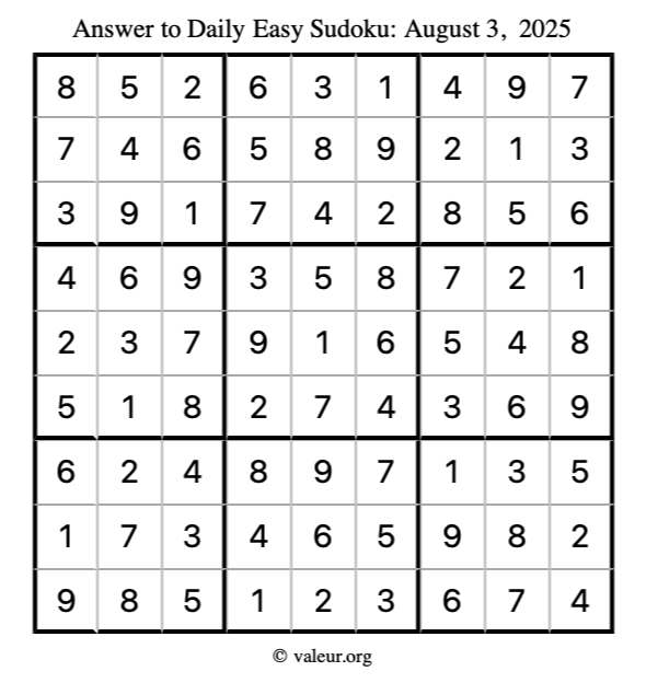 Answer to easy sudoku August 3, 2025