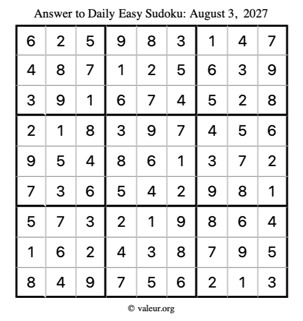 Answer to easy sudoku August 3, 2027