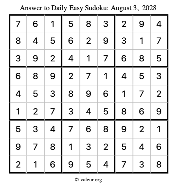 Answer to easy sudoku August 3, 2028